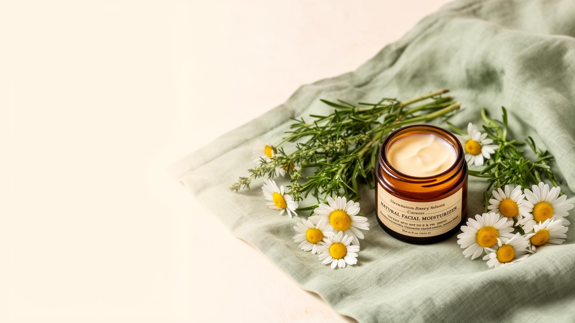 Ever Eden Essentials natural facial moisturizer with chamomile and herbs on sage linen